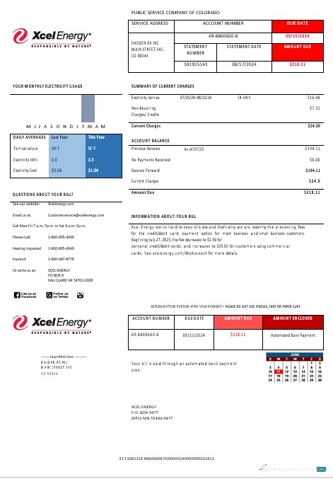 USA Colorado XcelEnergy electricity business utility bill template in Word and PDF formats, version 3